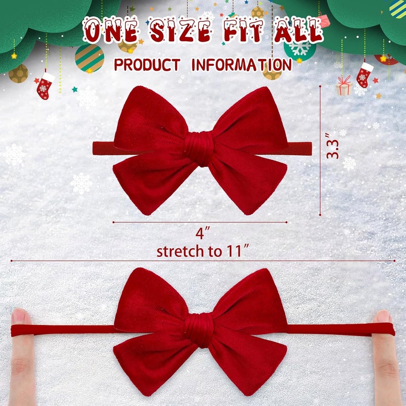 ONENINEDREAM Christmas Baby Bows Handmade Velvet Headbands Tied Bow Elastic Nylon Hair Accessories for Baby Girls Newborn Infant 2 Pcs Christmas Gift Red Green - Image 4